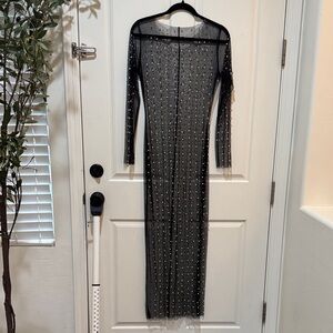 Chic Black Long Sleeve Sheer Dress with Pearl and Crystal Embellishments
